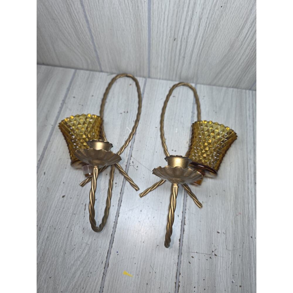 Vintage Home Interiors Twisted Wire Wall Sconces Amber Glass Votive Candleholder